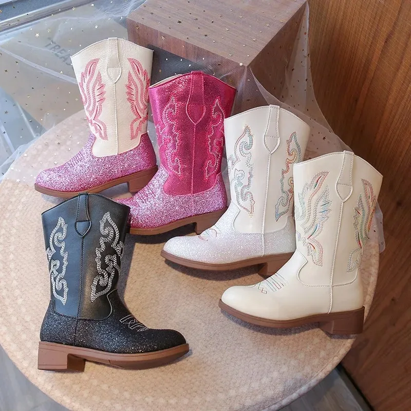 Princess Boots Girls' Winter Fashion Knee-High Boots Embroidered Suede Western-Style Children's Warm Boots