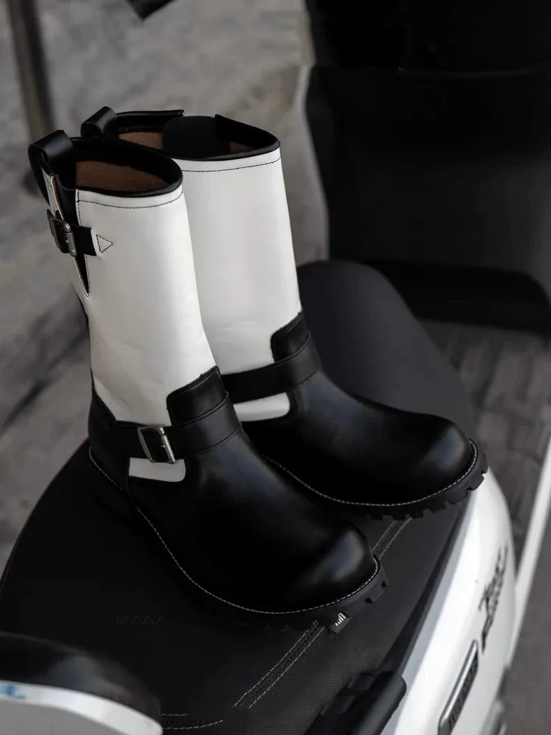 جديد الخريف/الشتاء الرجال الكاكي الجلد المدبوغ مهندس الأحذية قصيرة على شكل كعب مكتنز زيادة جولة تو حزام مشبك ديكور أحذية عمل