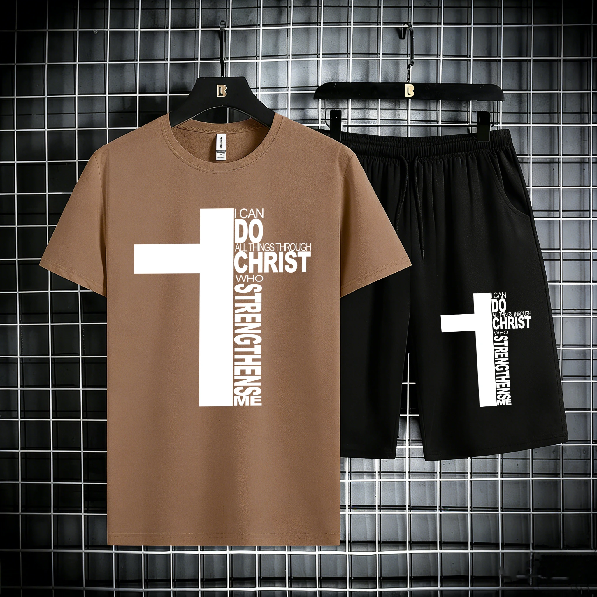 

Christ Has Made Me Invincible Print Man'S Cotton Summer Daily Tees Set Simple Oversized Shorts Street Gym T-Shirt Sport Clothes