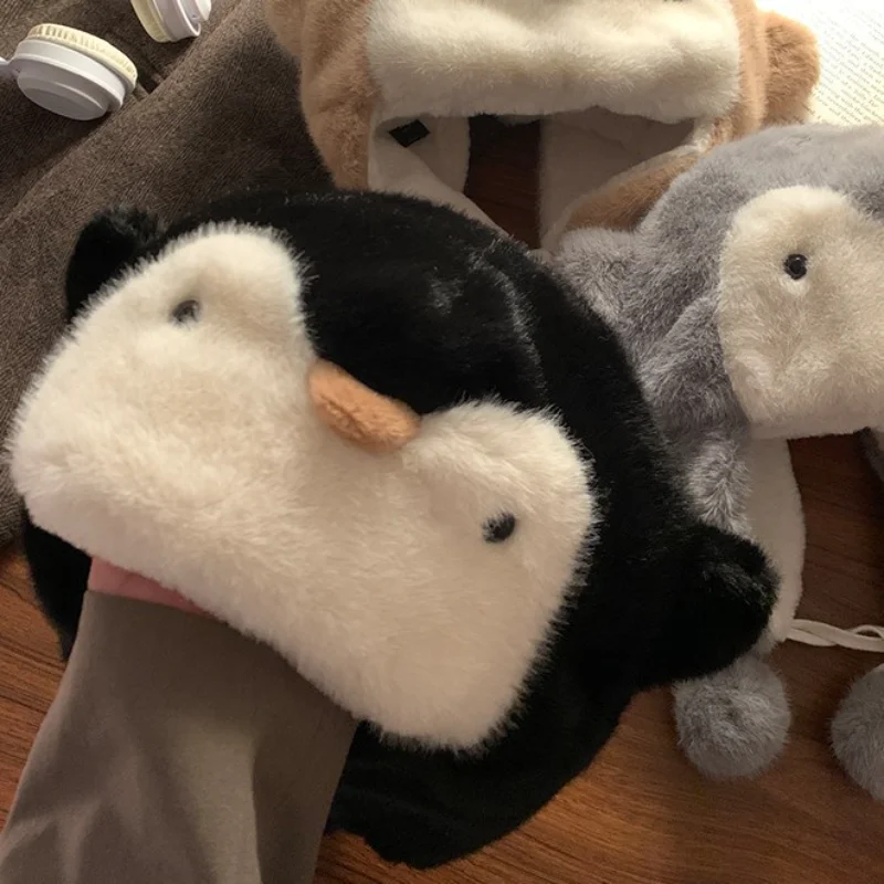 Topi Hangat Musim Dingin Lucu Kartun Hewan Penguin Topi Hangat Berbulu Tebal Pelindung Telinga Aktivitas Luar Ruangan Topi Kasual