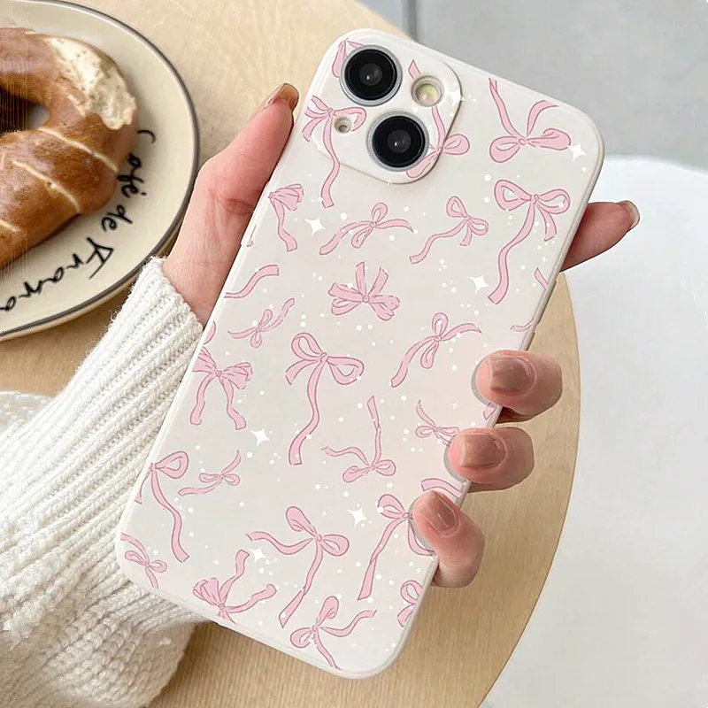 Ballet Style Pink Bowknot & Ribbon Phone Case For iPhone 15 14 16 Pro Max Plus 13 12 Pro 11 15 XR X XS 7 8 Soft TPU Cover Fundas