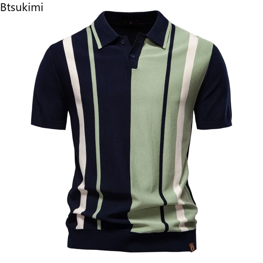 

High-end Knitted Jacquard Polo Shirts for Men Summer Trend Striped Short Sleeve Elastic Knit T-shirt Male Business Casual Shirts