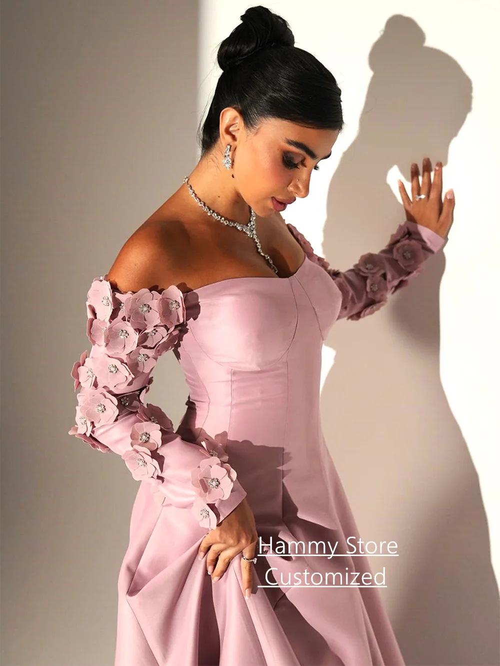 패션 꽃 이브닝 드레스 맞춤 제작 스위트하트 롱 슬리브 A라인 사우디 아라비아 파티 가운 코르셋 프롬 드레스