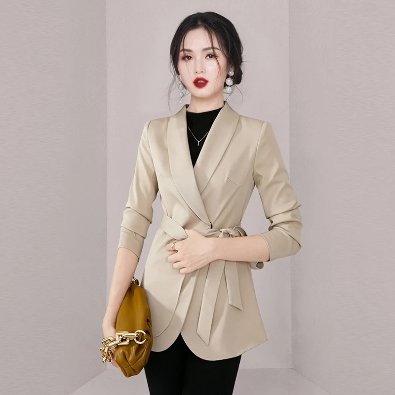 2023 neue Herbst Frühling Damen Büro Blazer Mantel Designer Mode Frauen gekerbten Kragen solide Schnür gürtel Arbeits kleidung Anzug Outwear