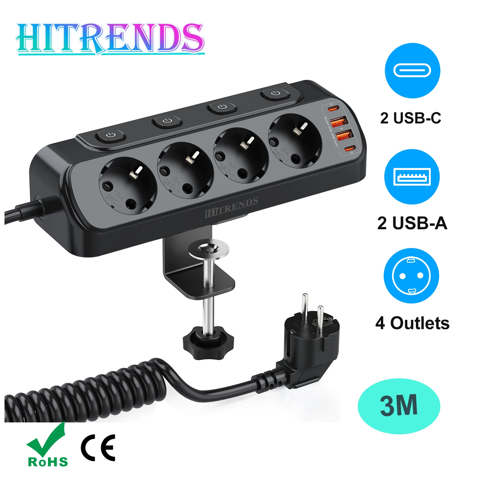

HITRENDS EU Plug Multi-functional Socket with Individual switch, 3meters extension cord, 4 AC Outlet 4 USB Power Strip