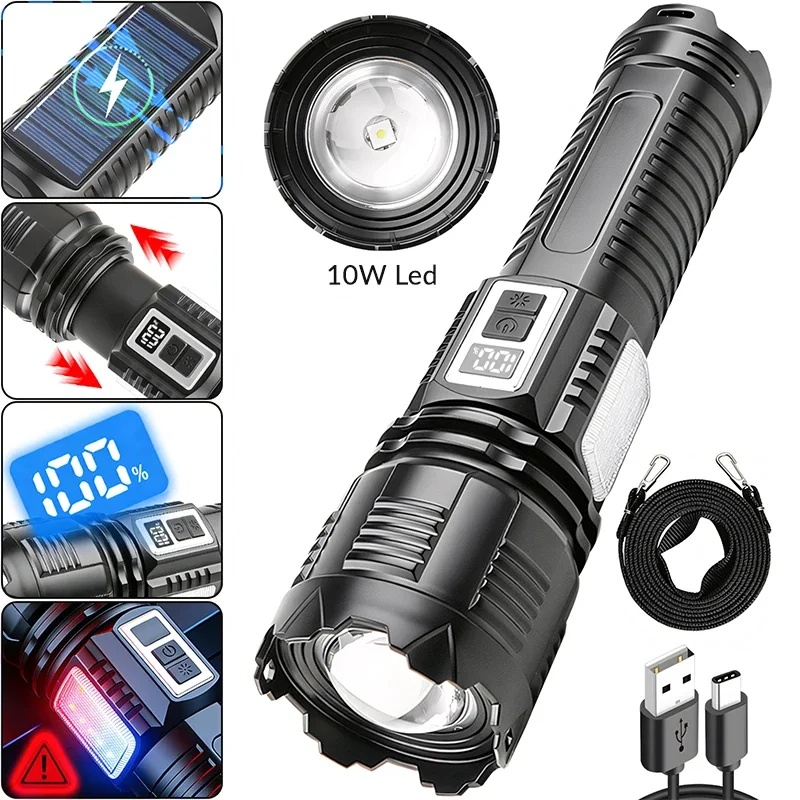 New outdoor flashlight, solar rechargeable, large capacity, digital display, output support, side light zoom