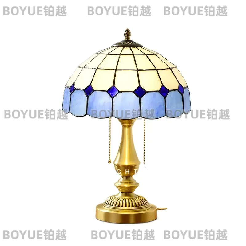 Retro Blue White Grid Desk Lamp Solid Brass Glass Bedside Light Vintage American Style Bedroom Decor Ambient Atmosphere