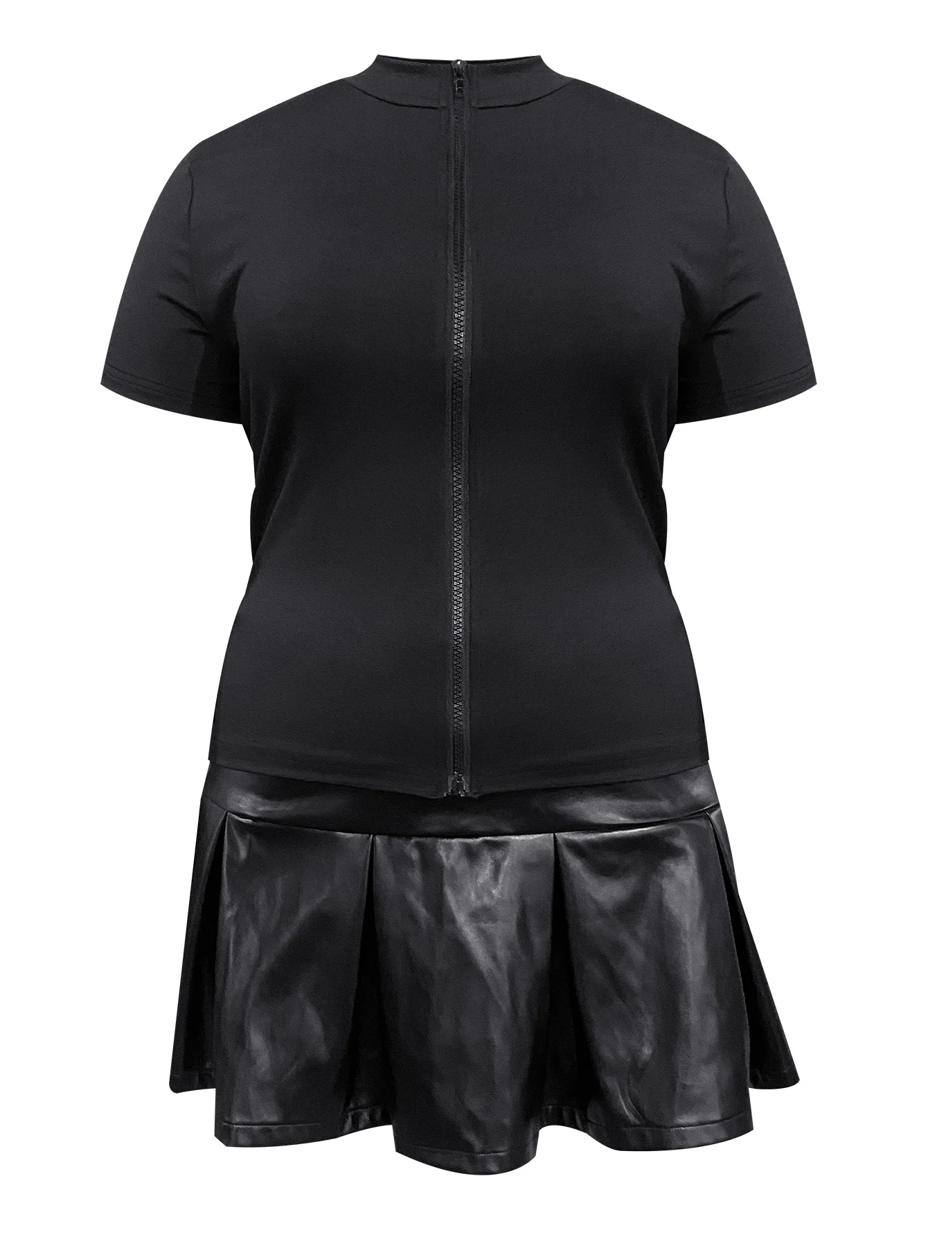 XL-5XL LW Zipper Design Faux Leather Pleated Skirt Set Women Sexy Sleeve Short T-shirt + Faux Leather Skirt Set Matching