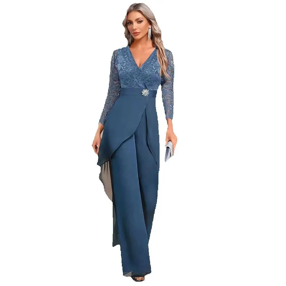 New Arrival Elegant Blue Chiffon Dresses for the Bride Mom V-Neck Floor Length Full Sleeves High Quality Women Pants Dresses