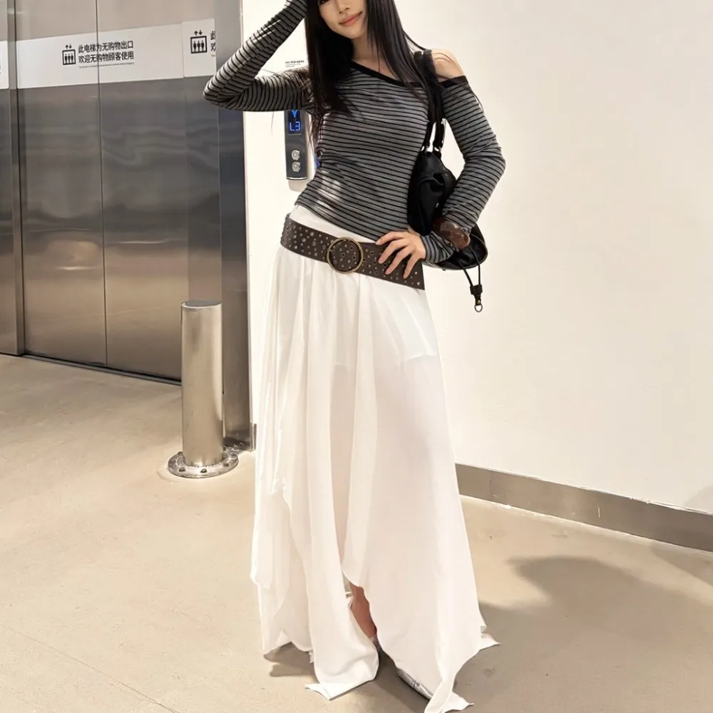 Kliou Casual Elegant Long Skirts Woman Y2K Style Elastic Waist Irregular Shape Daily Street Basic Solid Simple Fashion Bottoms