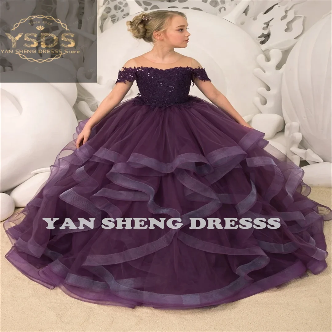 

Flower Girl Dresses Purple Lace Puffy Tulle With Large Trailing Princess Dress Fit Birthday Party New Year Costume