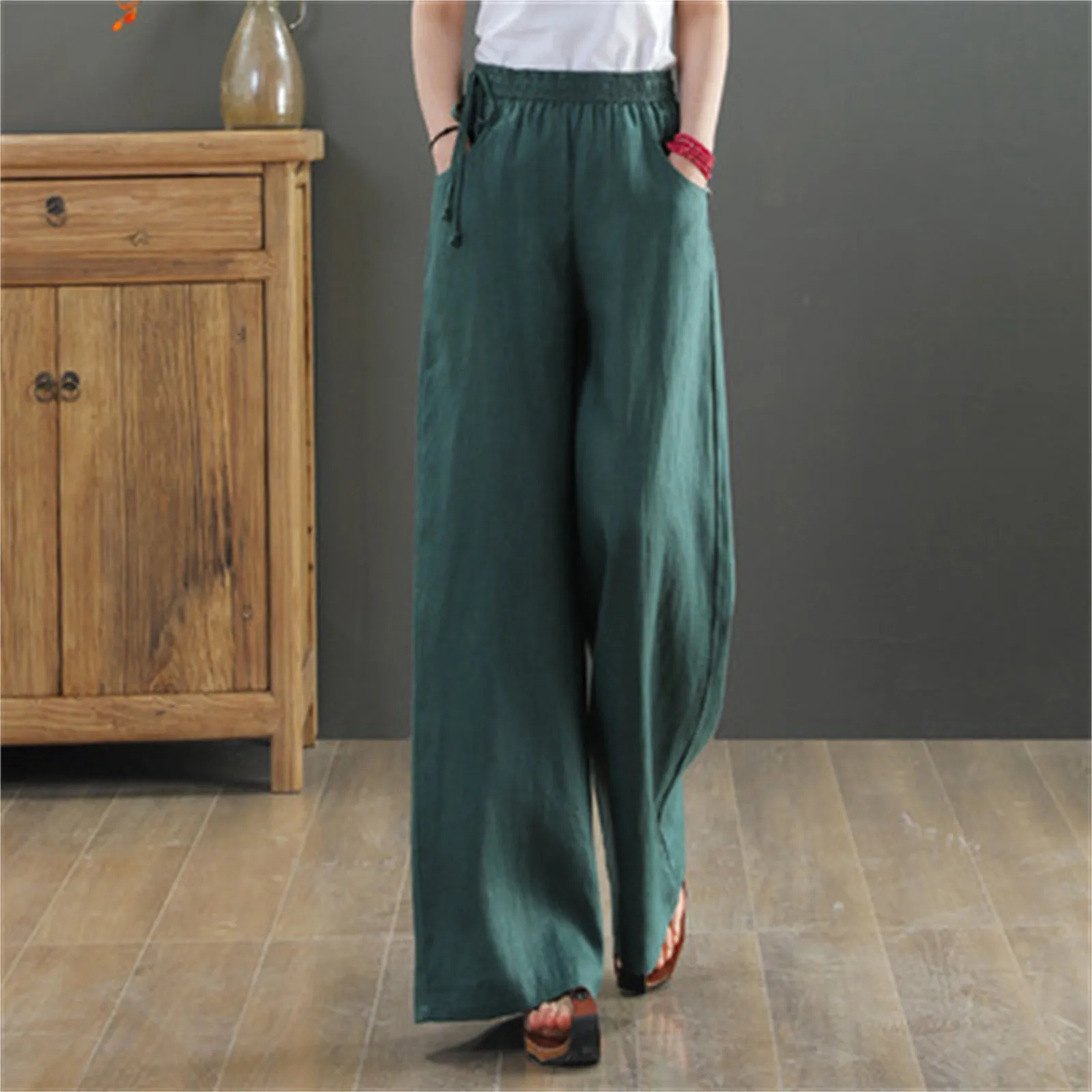 

Women's Cotton And Linen Wide Leg Pants High Waist Drawstring Casual Trousers With Pocket Solid Color Simplicity Loose Long Pant