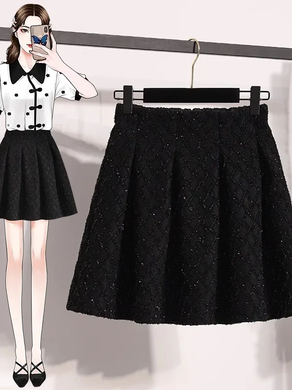 Elegant Black Heavy Embellished  Skirt High Waist A-Line Short Skirt Shiny Sequins Flexible Waist plus Size Women's Skirt