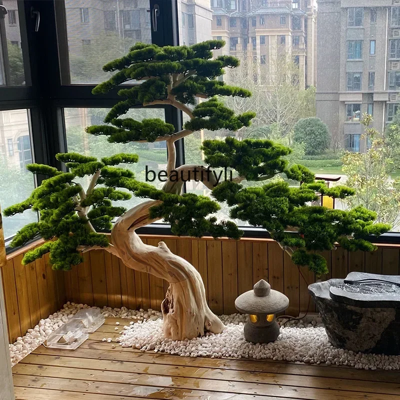 

P Large-scale simulated welcome pine root carving solid wood pine Arhat pine stairwell landscaping floral arrangement