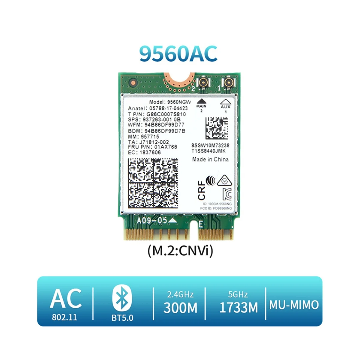 Cartão sem fio WiFi e adaptador de antena, Dual Band, 2.4G, 5G, BT 5.0, 802.11Ac, M.2 CNVI, 9560NGW, 1730Mbps, AC 9560NGW