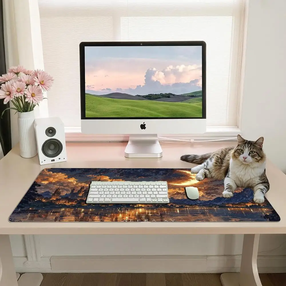 Fantasy Castle Crescent Moon Lake Reflection Large Gaming Mouse Pad Magical Night Landscape Desk Mat alfombrillas gaming