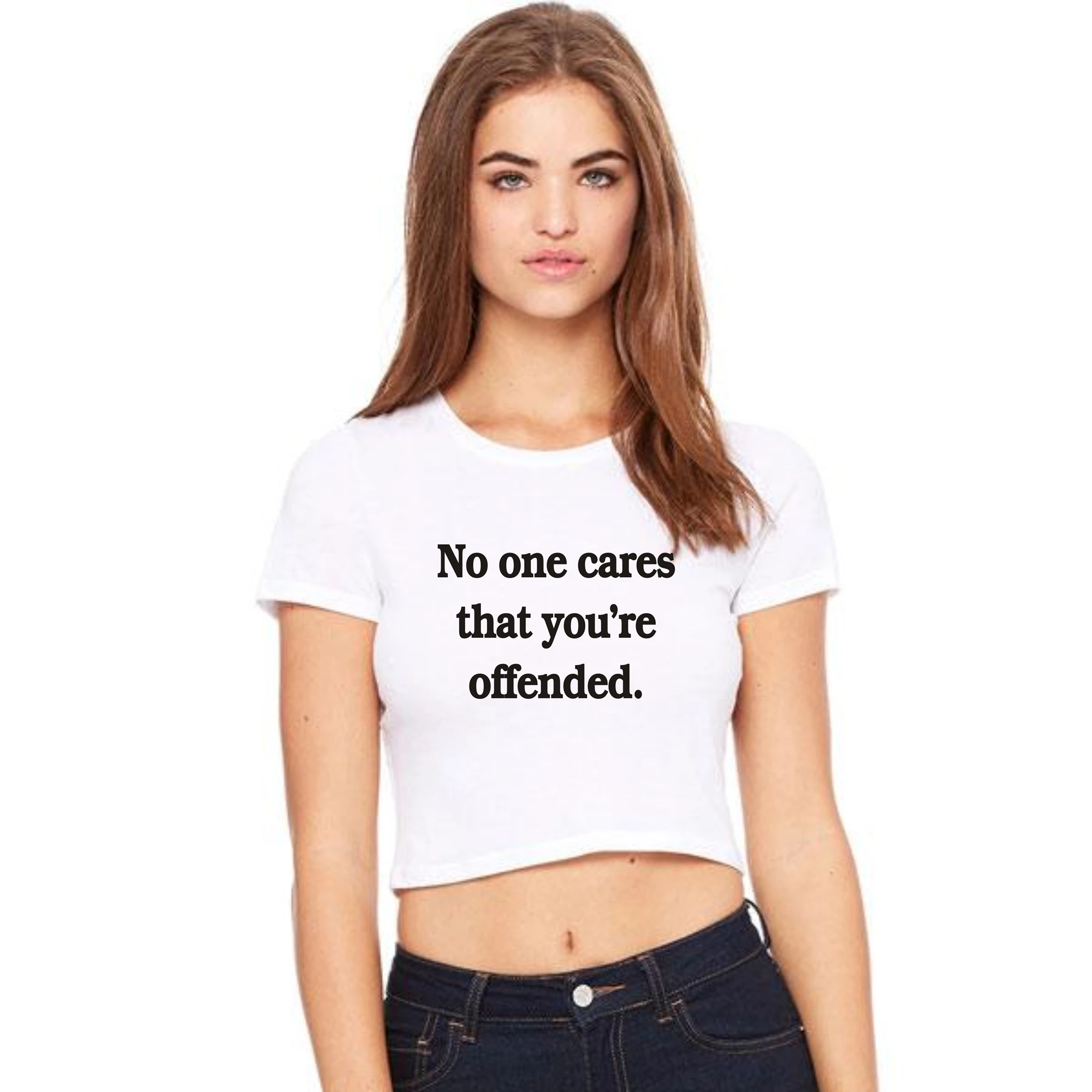 No One Cares That You’re offended Crop Top Baby Tee Y2K Clothing Graphic Short T-Shirt Slogan Custom Baby Shirt