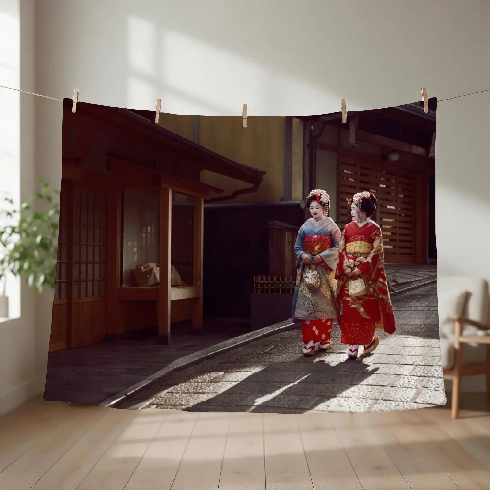 Two Geisha apprentices Maiko in bright kimono walking down an old street in Kyoto Japan art photo print Throw Blanket
