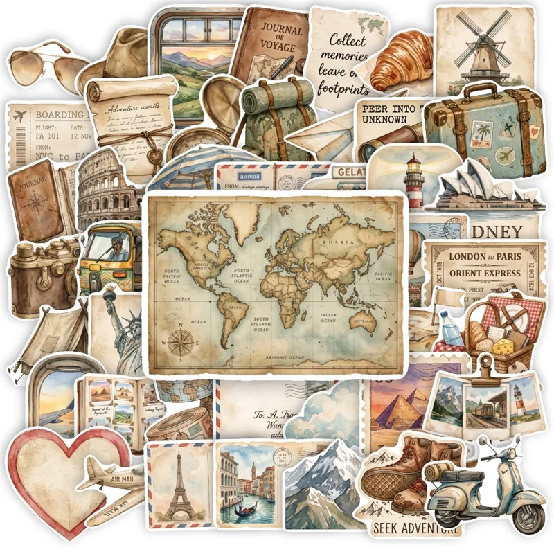 50PCS Retro Travel PVC Sticky Sticker Aesthetic DIY Decoration Scrapbooking Phone Laptop Luggage Hand Accounting Supplies
