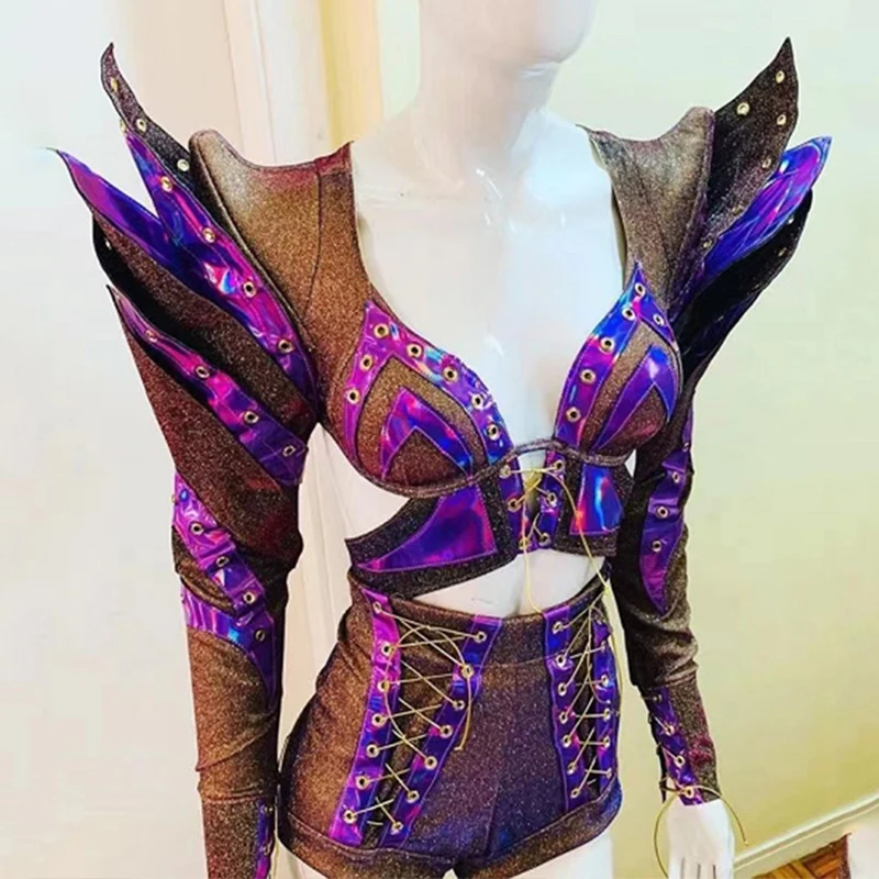 Exaggerated Stage Costume Flying Shoulder Hollow Out Bodysuit Drag Queen Costume Purple Laser Rave Gogo Dance Clothes