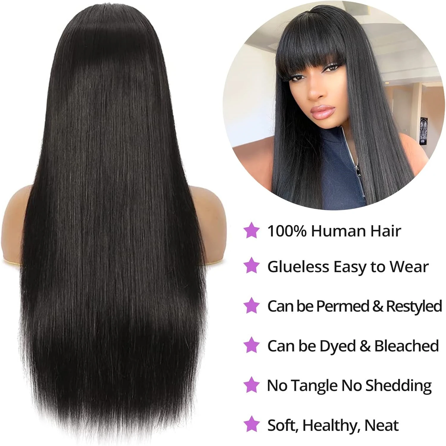 วิกผมผมมนุษย์กับ Bangs ไม่มีวิกผมลูกไม้ด้านหน้าผมมนุษย์ 180% ความหนาแน่นตรงวิกผมเครื่องทําบราซิล Remy ผมสําหรับผู้หญิง