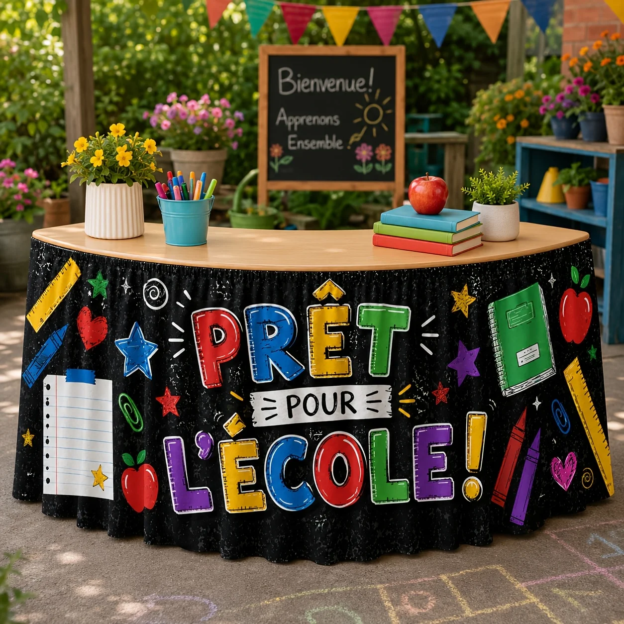 Party table skirt, 1-piece set, colorful campus theme table skirt print, including the French textbook for the new termzyc