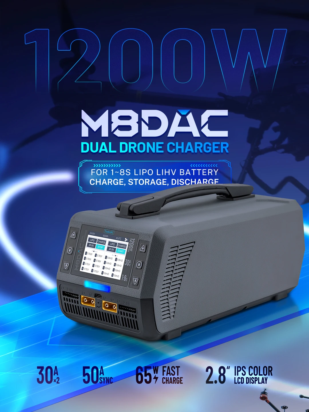 

Toolkitrc M8DAC 1-8S Dual Channel High Power Li-ion Battery Balancer Charger 1200W 30A