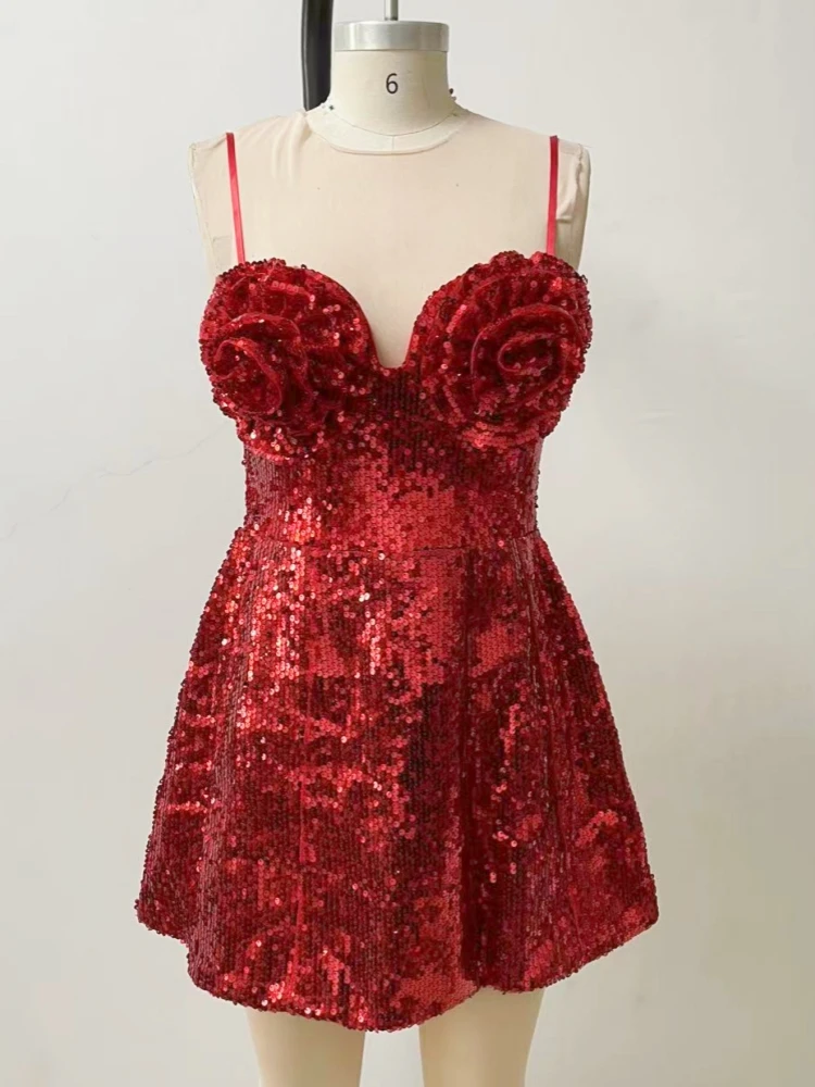 2024 New Designer Women Red Sequines Glitter Spaghetti Strap A Line Dress Flower Busiter Mini Celebrity Evening Club Party Dress