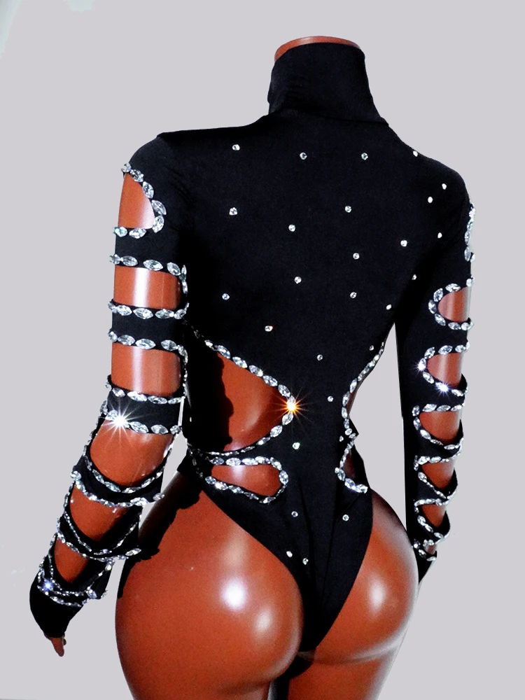 Drag Queen Outfit Sparkly Black Hollow Sexy 2-delig Kristal Dames Avond Prom Vier Verjaardag Nachtclub Prestatiekostuum