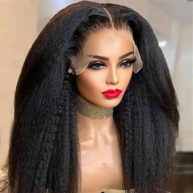 Peruca dianteira do laço Glueless para mulheres negras, Yaki Black, Kinky Straight, cabelo macio do bebê, resistente ao calor, 180 Densidade, 26 ", pré-arrancado diariamente