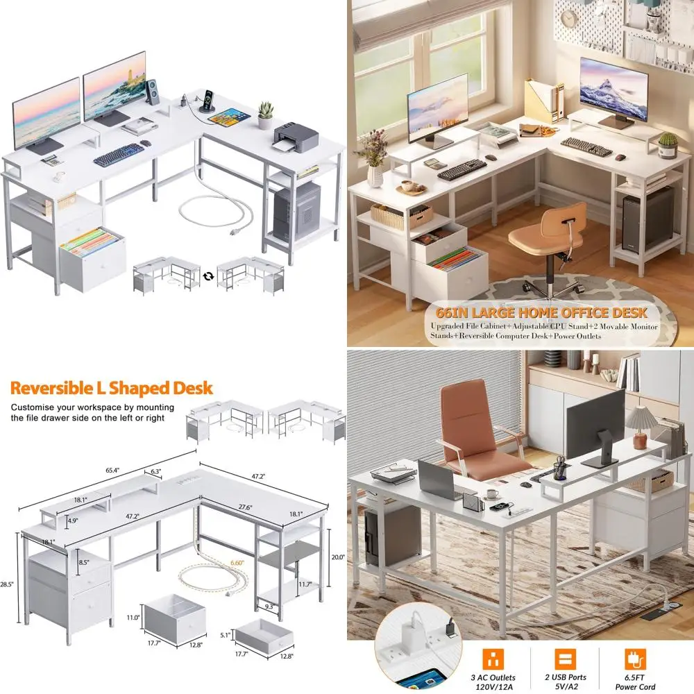 

66 Inch L-Shaped Gaming Desk with Power Outlet, Reversible Design, File Drawer, and Dual Monitor Stands for Home Office Use