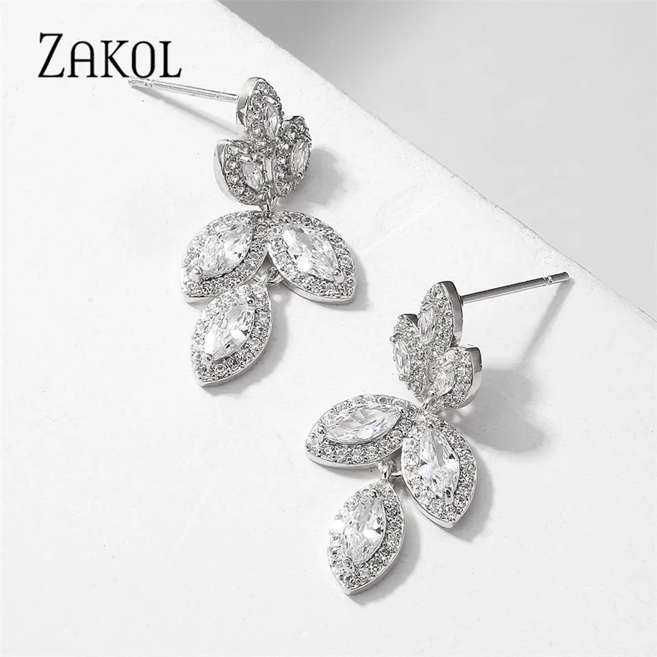 ZAKOL  TRENDY Leaf Water Drop Cubic Zirconia Stud Earrings for Women Luxury Female Copper Alloy Wedding Jewelry EP2956