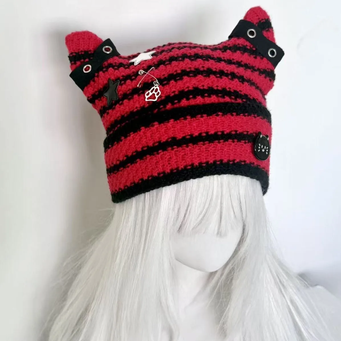 Y2k menina gato estrela listras gorros chapéus gótico rua punk malha bonnet bonés doce legal tempero menina moda manter quente gorro chapéu