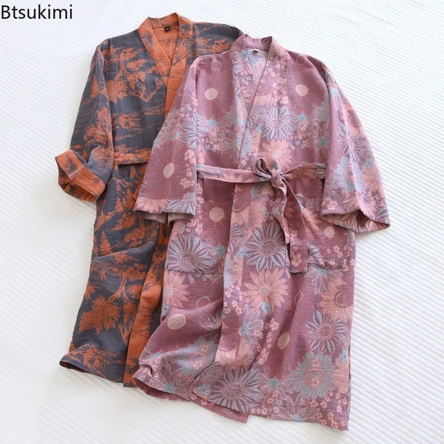 2026 Couple's Printed Cotton Loose Fitting Bathrobe Tie Up Kimono Bathrobe Sweat Steaming Cotton Pajamas Robes for Women and Men