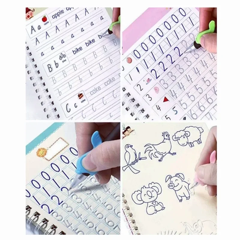 Cuaderno mágico reutilizable para niños, juguetes de dibujo, bolígrafo Montessori, Control, entrenamiento, escritura, pegatina, libro educativo de aprendizaje, 4 Uds.