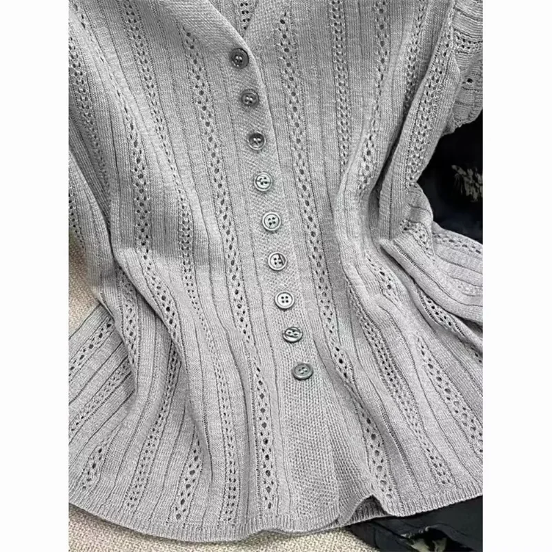 

New V-neck Hollow Out Knitted Sweater Women Cardigans Short Sleeve Solid Knit Sweater Cardigan Women Clothing Tops