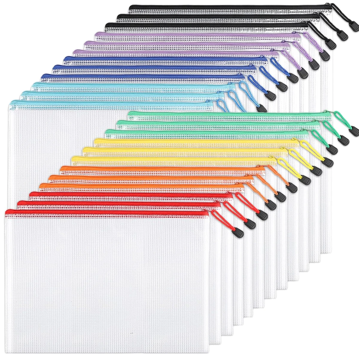 

24pcs A4 zippered document bags - transparent mesh with secure zipper closure, assorted (multiple colors available)