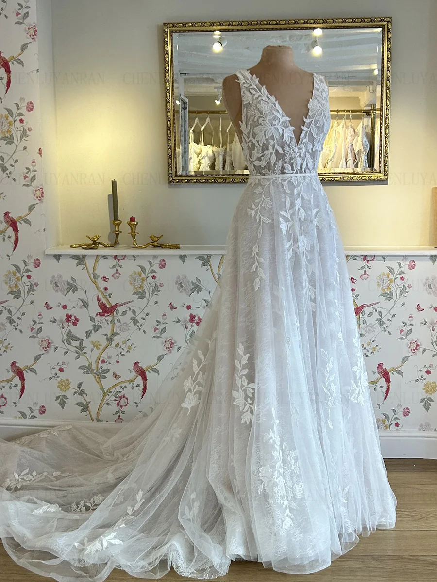 Luxury Lace Wedding Dresses For Women Sparkle Applique Long Wedding Gowns A-line Sexy Dresses For Wome 2023  فستان حفلات الزفاف