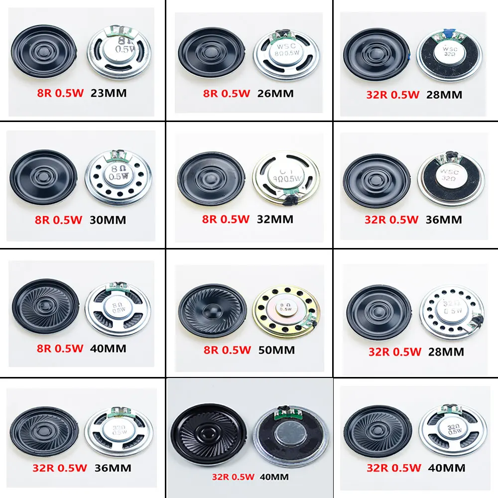 2pcs 0.5W 8R 32R 8ohm 32ohm Speaker 8R Horn Speaker Diameter 20mm 23mm 26mm 28mm 30mm 32mm 36mm 40mm 50mm Loudspeaker