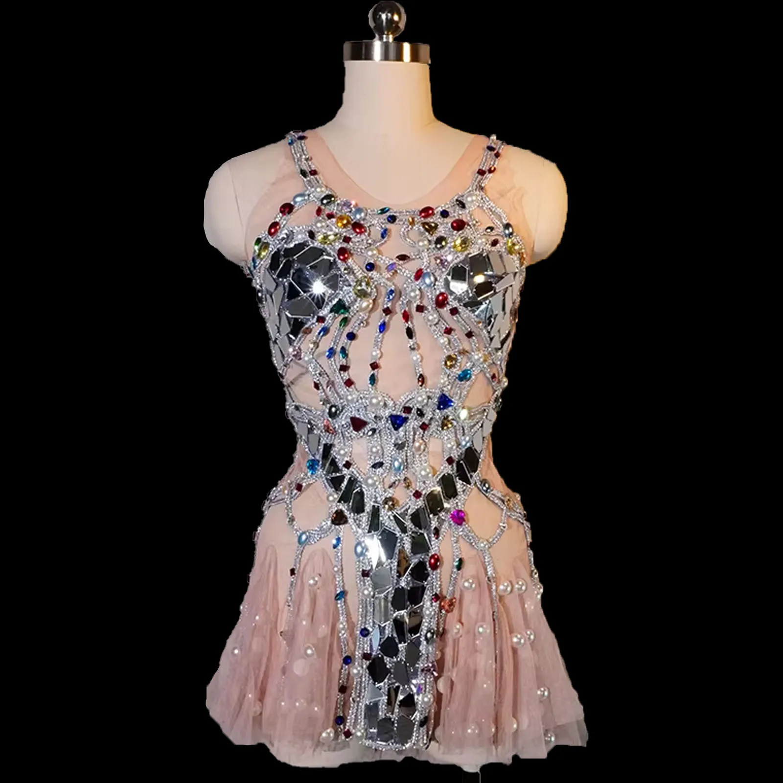 

Sexy Luxury Glitter Lens Coloured Crystals Dress Mesh Transparent Party Nightclub Birthday Dj Pole Dance Stage Celebrate Costume