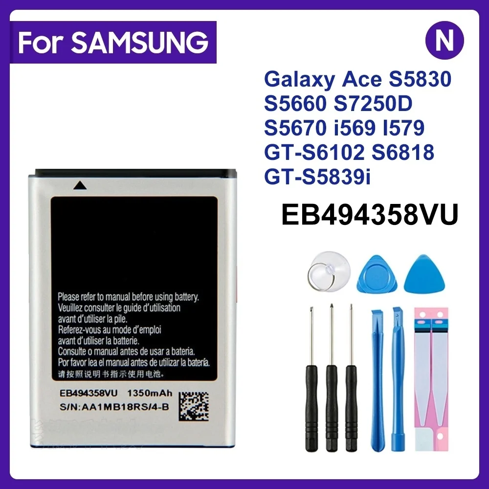 For Samsung Phone Battery EB494358VU For Samsung Galaxy Ace S5830 S5660 S7250D S5670 i569 I579 GT-S6102 S6818 GT-S5839i 1350mAh