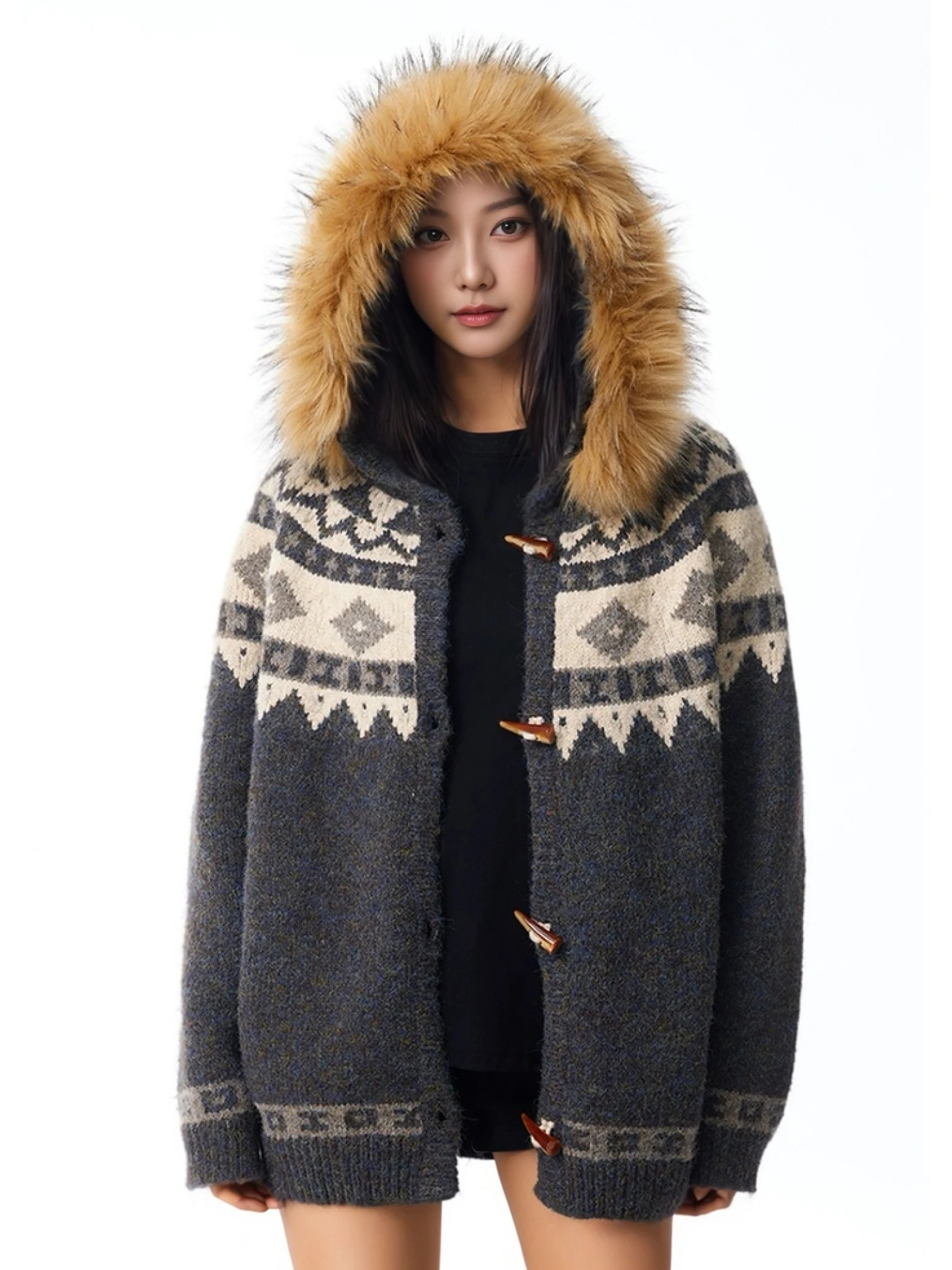 

Thiened Cisas Пара Вязаный свитер Кардиган со съемным меховым воротником Мужские и женские острова Теплый длинный све