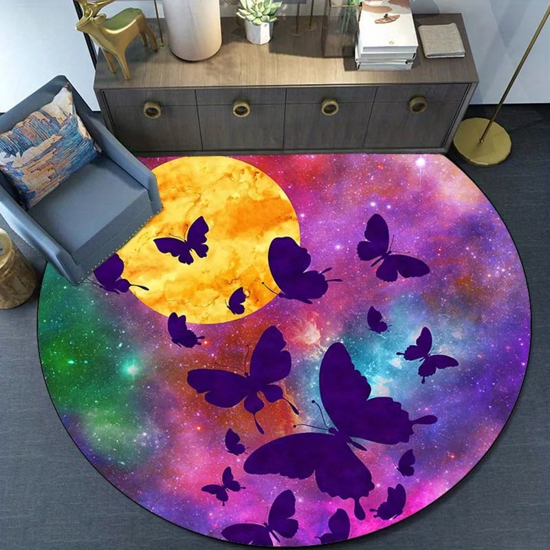 Butterfly Galaxy Moon Round Rug Crystal Velvet Floor Mat Cosmic Decor Artistic Home Bedroom Living Room Rug for Kids TeensAdults