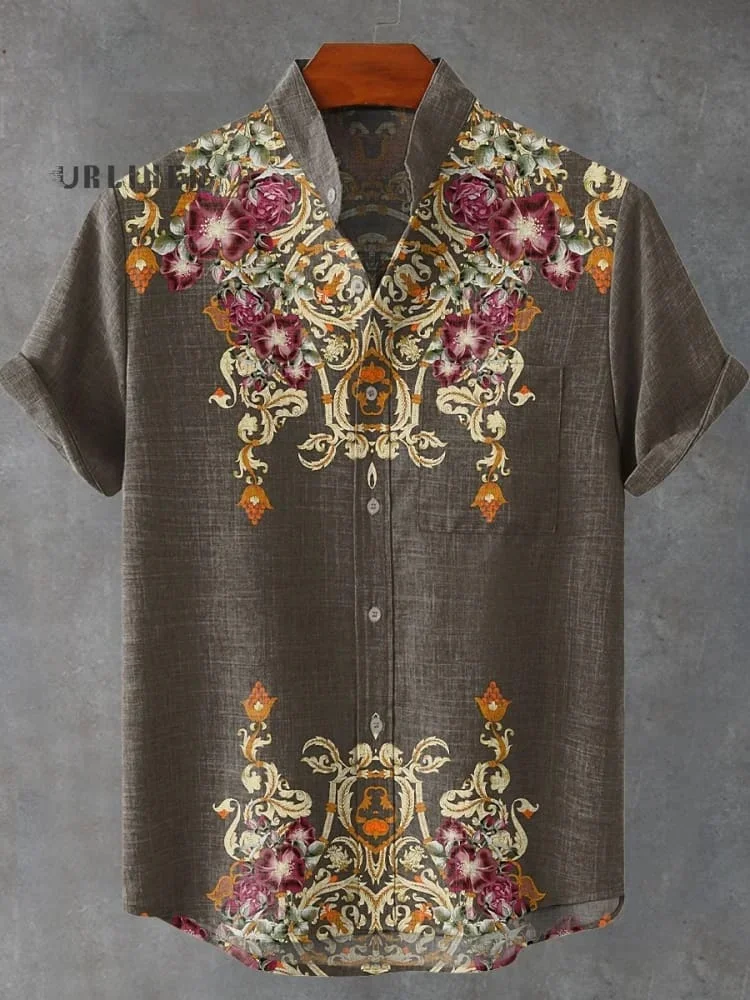 Retro Tribal Totem Pattern Printing Men's Linen Moslim Kleding Heren Fabric Short-sleeved Shirt Casual Street Trend Casual Shirt