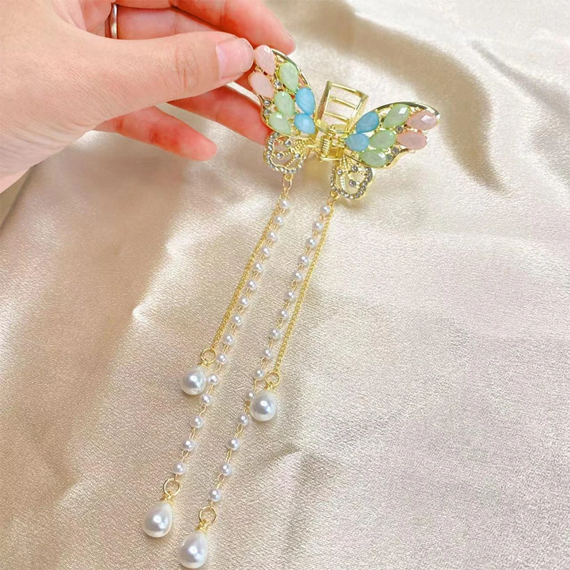 Exquisite Rhinestone Butterfly Fringe Hair Claw Korean New Ponytail Braid Pearl Hair Clip Girl Crab Metal Headdress Gift