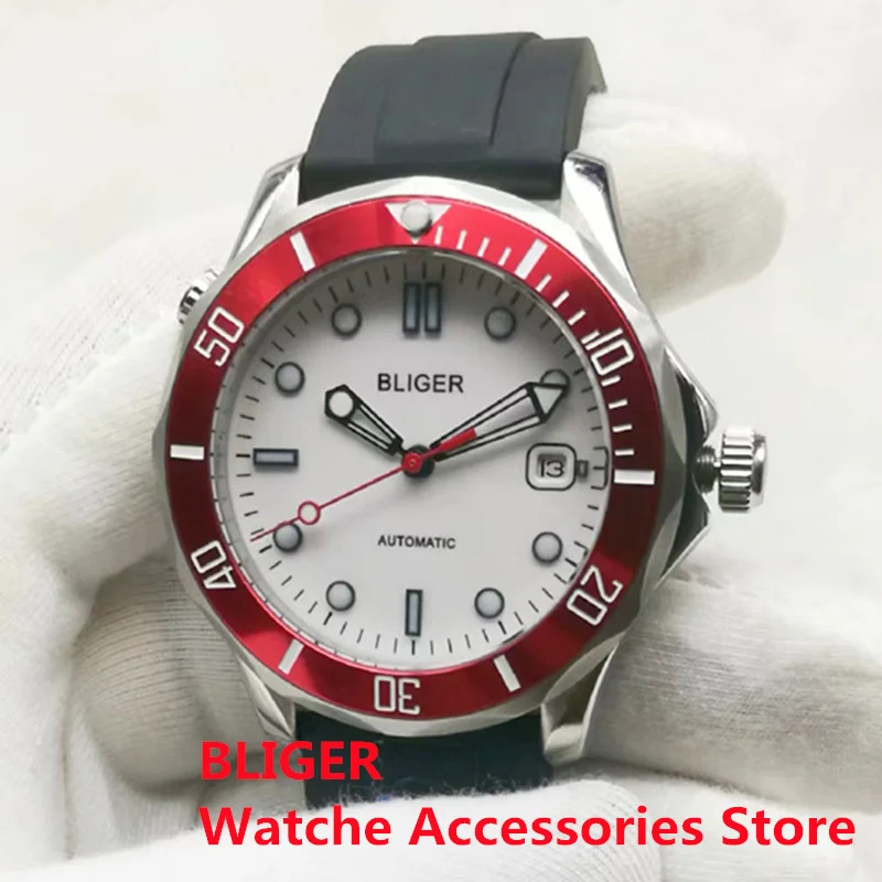 BLIGER New 41mm NH35A MIYOTA 8215 PT5000 Mechanical Mens Watch Sapphire Glass Luminous Mark Unidirectional Bezel RED Beze;