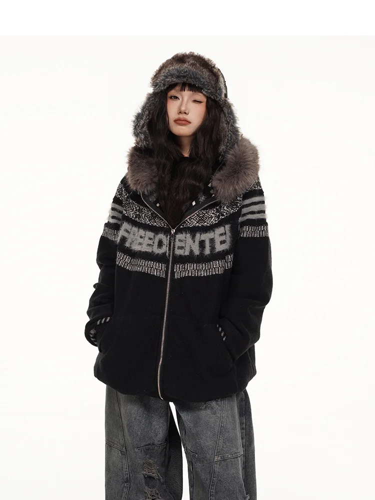 

Freecenter Limited Fair Isle Knitted Hat Removable Fur Collar Men's Hoodie Vintage Open Cardigan Coat Street Sle Loose Fit