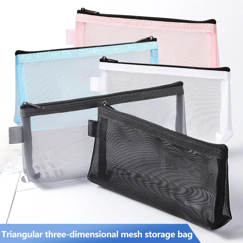 1Pc Clear Mesh Pencil Case Stereoscopic Zipper Pouch Office Student Pen Bag Portable School Supplies Pen Box