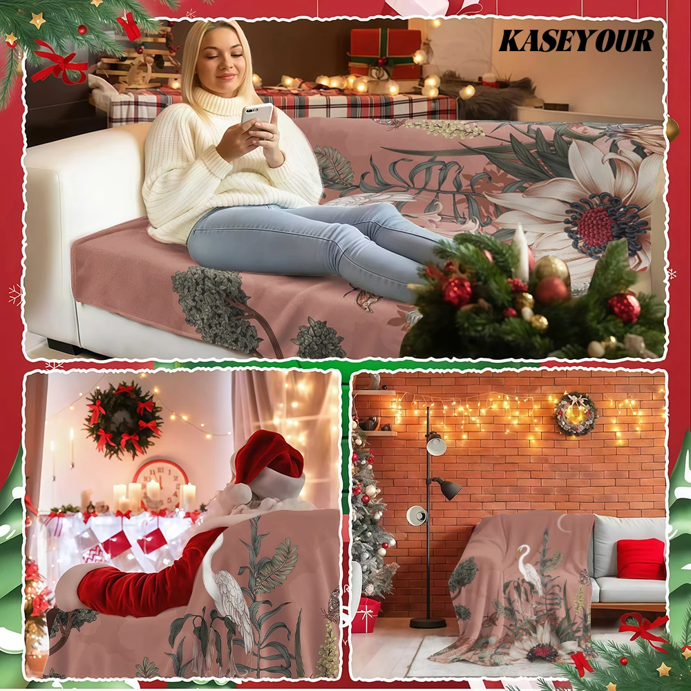 Blush Chinoiserie Egret Moon Moth Floral Flannel Blanket Soft Fuzzy Plush Cozy Warm Throw for Sofa Bed Couch Home Decor