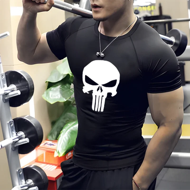 Tights Men\'s Fitness Punisher Clothes Sports Running Suit Basketball Training Drying Clothes Men High Elastic T-Shirt